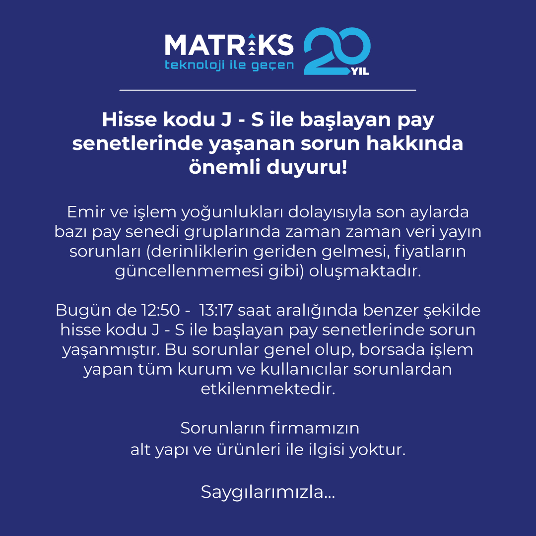 Hisse Kodu J - S ile Başlayan Pay Senetlerinde Yaşanan Sorun Hakkında Önemli Duyuru!