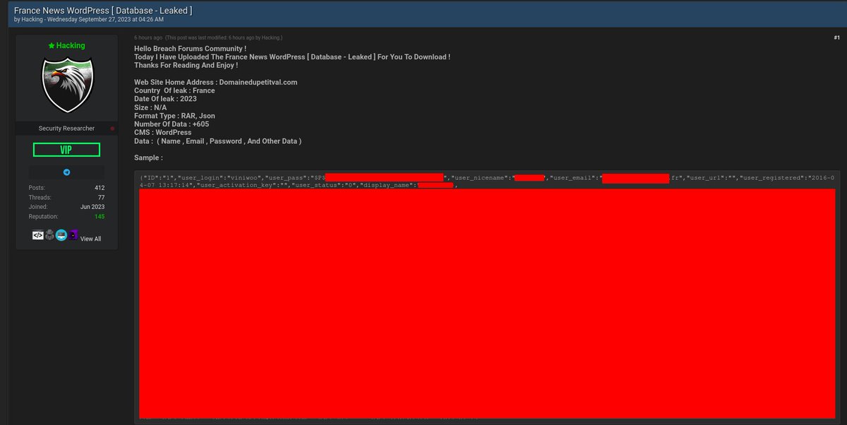 _SaxX_'s tweet photo. Vous vous êtes facilement fait pirater parce que  :

- vous avez utilisé le même mot de passe partout ;
- vous avez donné le même mail partout ;
- un site internet qui détient une bonne partie de vos données (mail, mot de passe, nom, prénom, ...) s'est fait pirater...

Voilà comment ça se passe une bonne partie du temps !

Là, un autre site en France... un site vendant du vins... victime d'un piratage avec diffusion gratuite des informations sur un forum cybercriminels !

Je suis de ceux qui pense que la #cybersécurité n'est pas une affaire de professionnels, mais l'affaire de tous !

Pas besoin d'être un expert pour protéger à minima ses données personnelles et être cyber- responsable en ayant des cyber-réflexes !

Prenez le temps VRAIMENT :

- de changer vos mots de passe,
- de créer un nouveau mail,
- de vous créer pour les plus motivés une seconde vie virtuelle,
- d'être vigilant !

60% des arnaques informatiques qui touchent les particuliers et 70% des cyberattaques qui touchent les entreprises pourraient être évitées avec une hygiène numérique correcte.

Cybèrement vôtre,

SaxX
