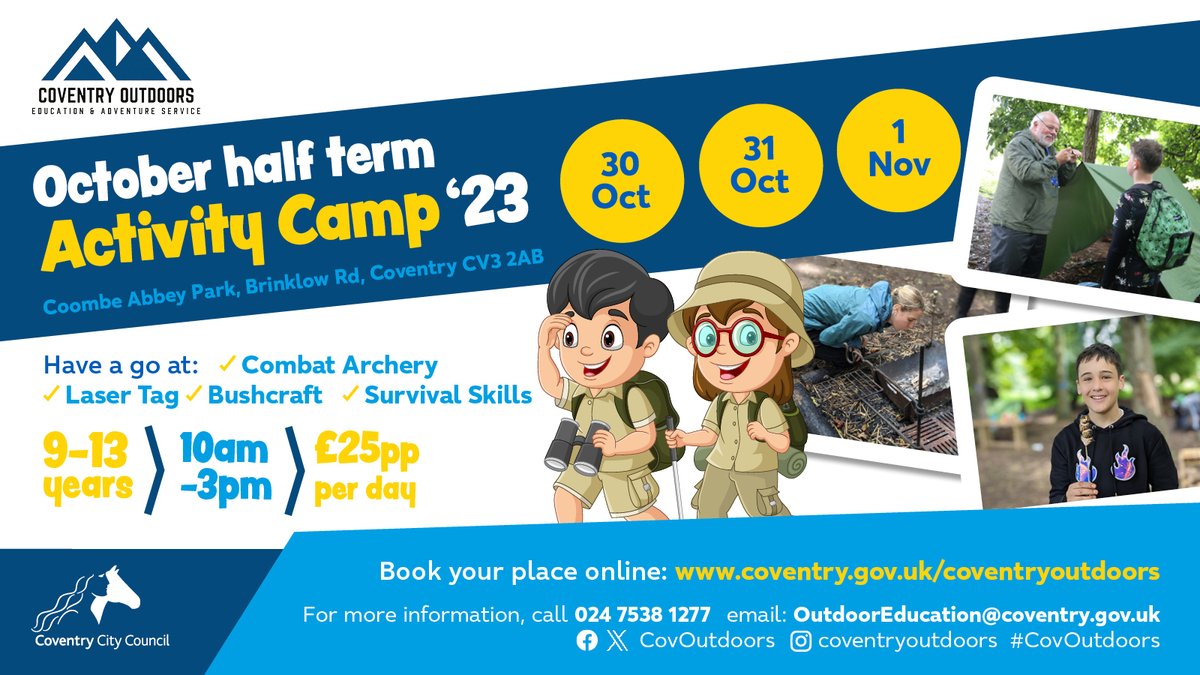 Following on from the success of the summer camps earlier this year, @coombeabbeypark will host three days of Outdoor Activity Camps during October half-term, delivered by @CovOutdoors. 🌳