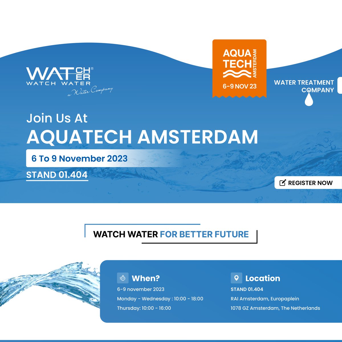 WatchWaterGmbH's tweet photo. Join Us at Aquatech Amsterdam 2023!💧
SAVE THE DATE - November 6-9, 2023

REGISTER NOW FOR ENTRY USING BELOW LINK:
https://t.co/1LE5CvzVTB
.
.
#aquatech #watchwater #aquatechamsterdam #raiamsterdam #water #Aquatech2023 #waterexpo #manufacturer #watertreatment #waterexhibition https://t.co/rwC3kvbZeS