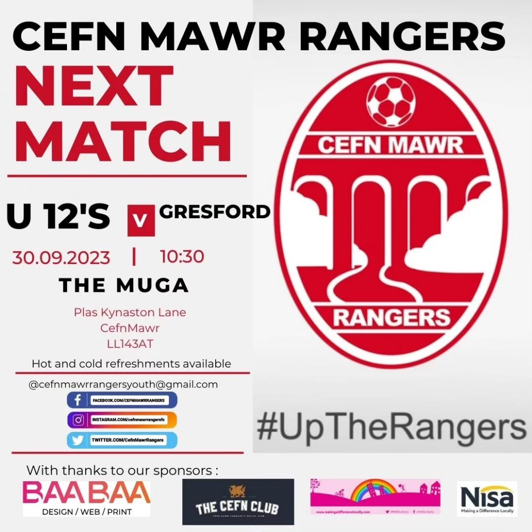 CefnMawrRangers's tweet photo. 🔴⚪|| THIS WEEKS YOUTH FIXTURES  ||🔴⚪

Under 12's

🔴 Vs Gresford
📅 Saturday 30th September
⏰ 10:30am Kick Off
 🏟 The Muga, LL14 3PU

The tea hut will be open for refreshments ! 🍔🌭🥓🫖🍔☕️🫖

#UPTHERANGERS #MINIRANGERS https://t.co/achSKwUc4z