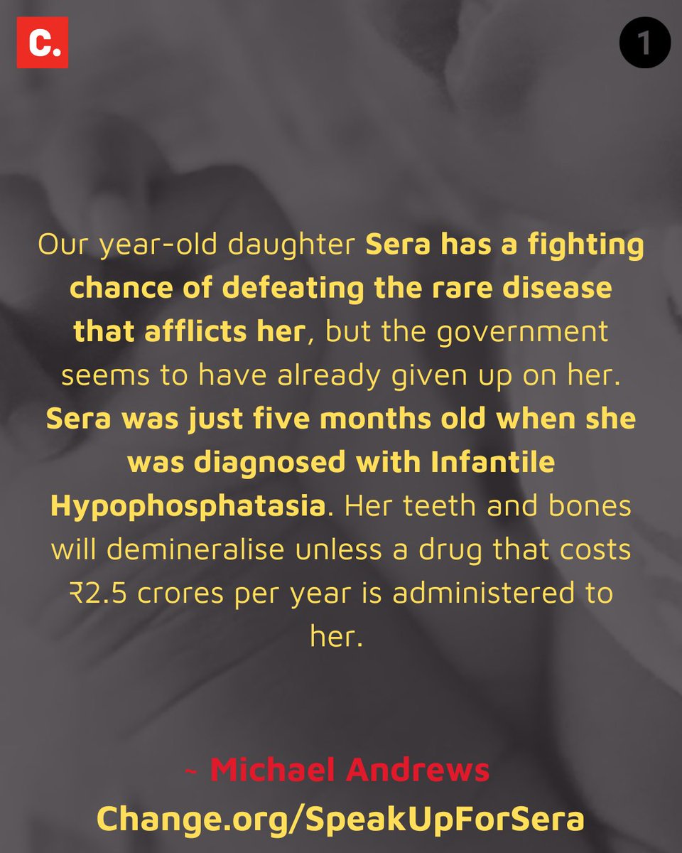 1. 🚨 She's the first patient of this ultra-rare disease in India. But the Govt is not providing her the requisite funds for her medicines! 💔

Sera Nile Fay <a href="/sera_nile/">Michael Andrews (Sera fights HPP)</a> was just five-months old when she was diagnosed with Infantile Hypophosphatasia. 

She needs regular doses of a