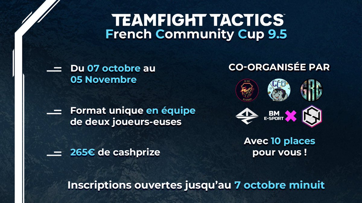 🏆#TFT French Community Cup

Les Open Qualifiers commencent le 07 octobre !🔥
Inscris toi avec ton/ ta teammate pour nous montrer de quoi vous êtes capables💪

🔗play.toornament.com/fr/tournaments…

(Pensez bien à rejoindre le discord !)

#FCC  #Tournoi #OpenQualifier