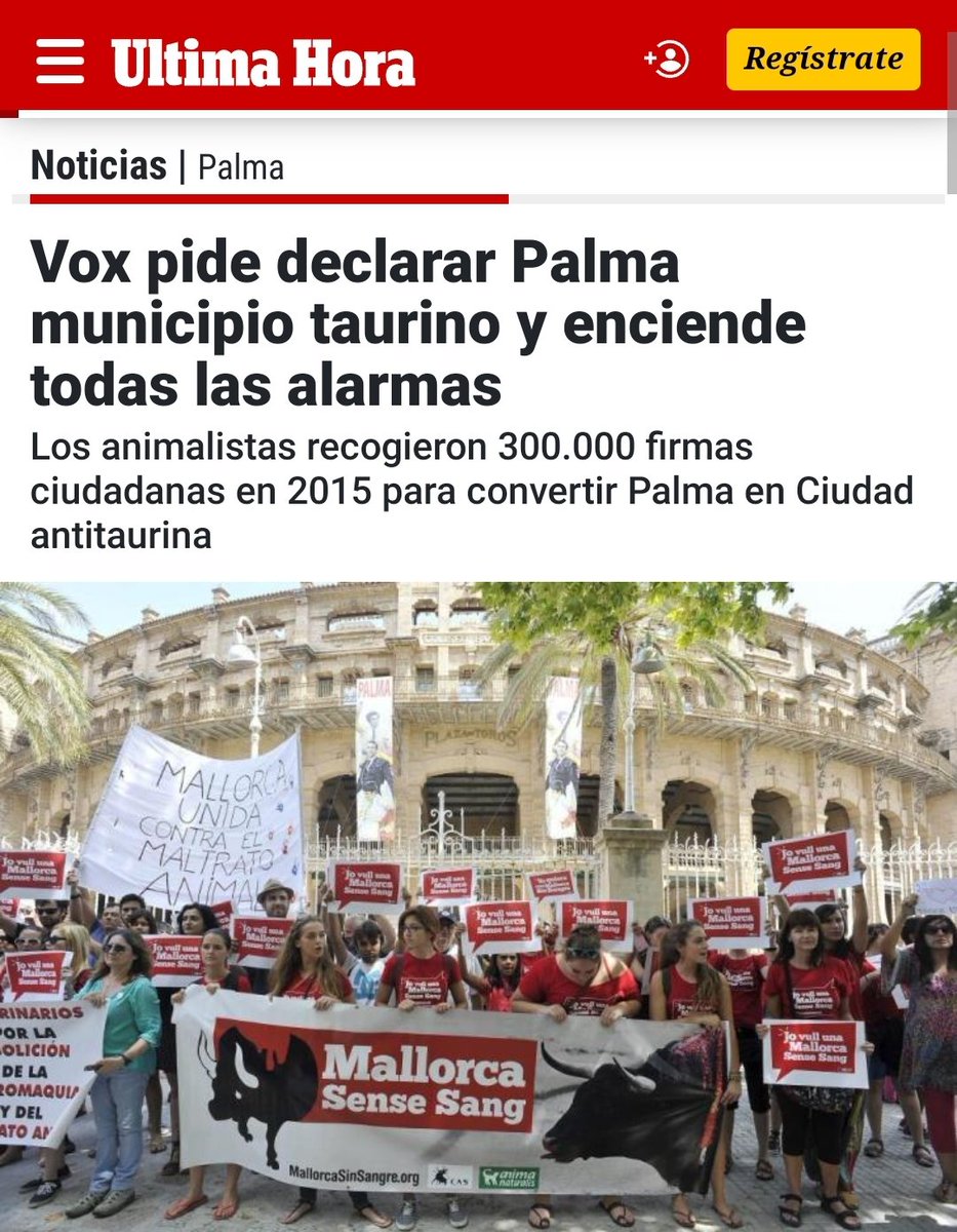 🔴 MALLORCA | "8 años después de que los animalistas recogieran 300.000 firmas para declarar a #Palma 'Ciudad antitaurina contraria al maltrato animal' <a href="/vox_es/">VOX 🇪🇸</a> presenta moción al pleno para pedir justo lo contrario: Declarar a Palma Ciudad Taurina."

🇪🇸🗞ultimahora.es/noticias/palma…