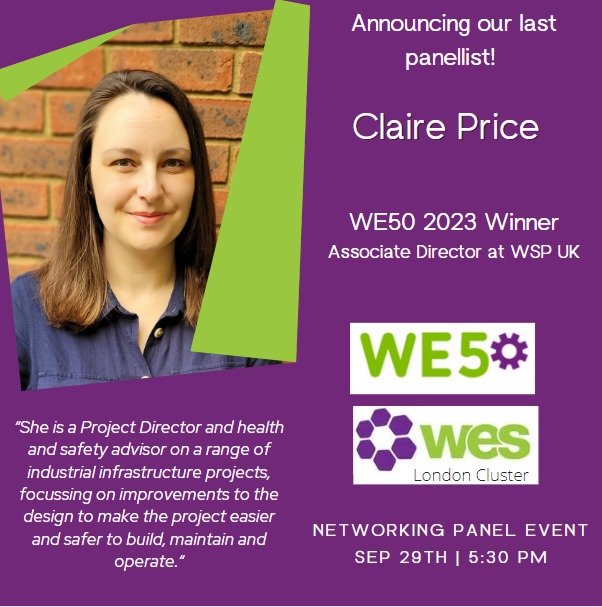 Our final panelist is chartered civil engineer Claire Price!
We are delighted to have Claire in our WE50 panel and networking event on Friday, 29th of September at 5.30pm.

We will be discussing safety and security at @raengnews 

Details here:
lnkd.in/eCV3-KHK 

#WE50