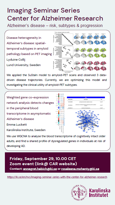 This Friday, <a href="/CAR_Karolinska/">Center for Alzheimer Research at KI</a> 🧠imaging seminar for September is looking forward to welcoming <a href="/LECollij/">Lyduine Collij</a> and <a href="/emmaluckettneu1/">Dr Emma Luckett</a> who will discuss their research on risk, subtypes and progression of #AD. Feel free to reach out to <a href="/annegret_habich/">Annegret Habich</a> or me for the zoom link!