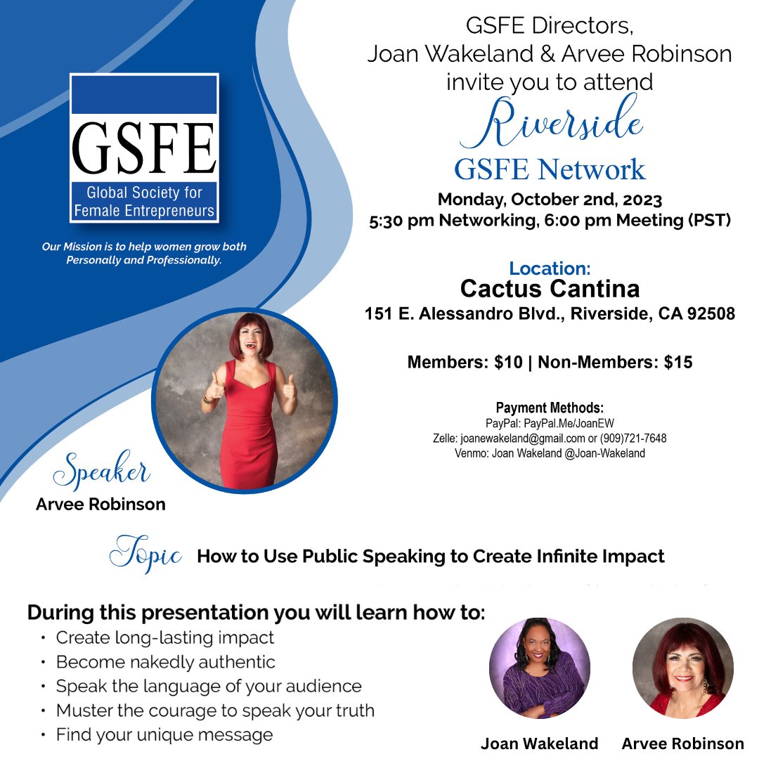 Join me on October 2nd to learn How to Use Public Speaking to Create Infinite Impact! What if your words could make an impact on those around you? Would you want to know how to do that?

Email me for more information: Arvee@arveerobinson.com

#networking #GSFE #PublicSpeaking