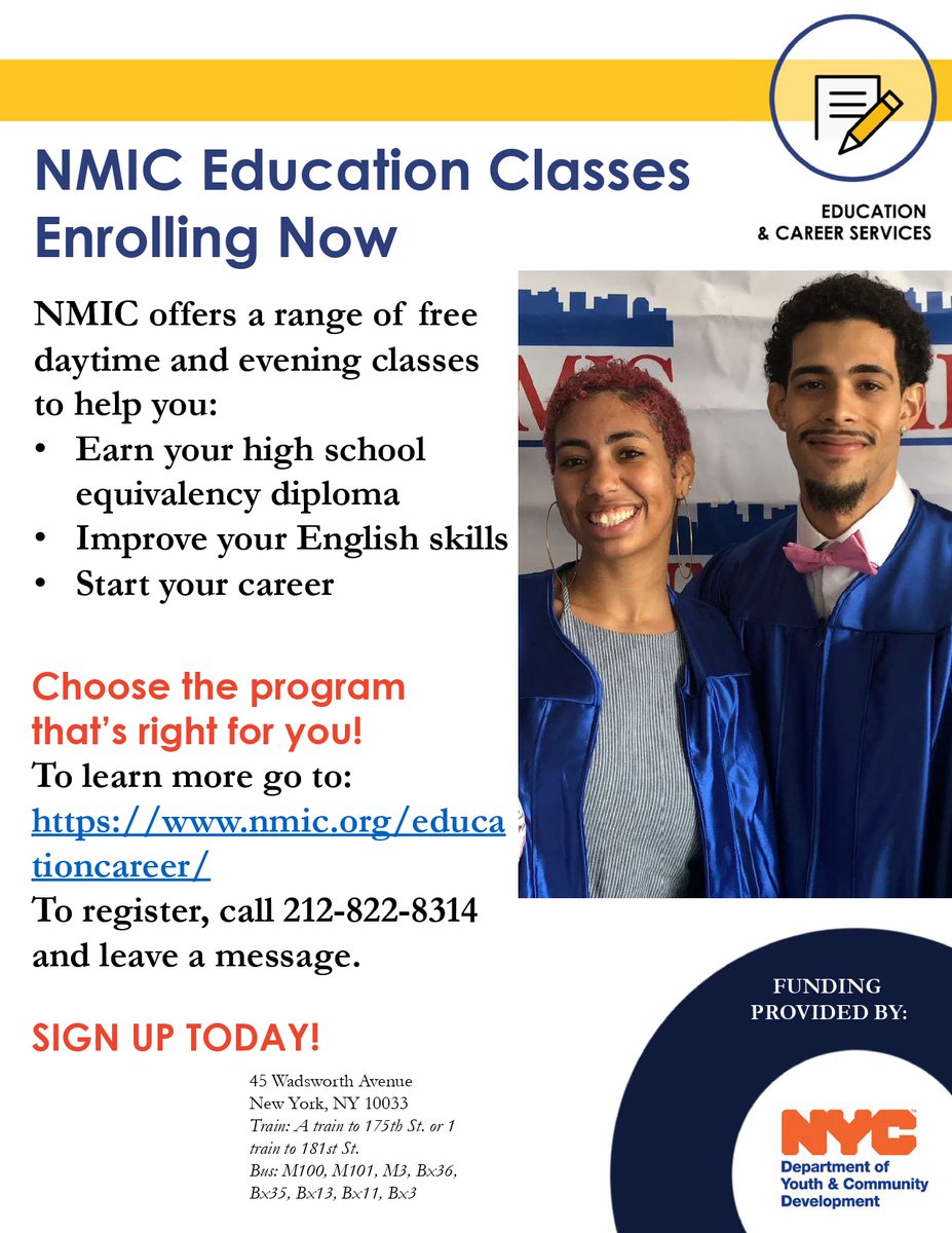 📚 Explore Exciting Learning Opportunities with @NMICnyc Discover FREE classes for NYC residents 17+. 🎓 Improve English, get your GED, gain job skills, and boost your career with NMIC's Education & Career Services. #Education #NYC