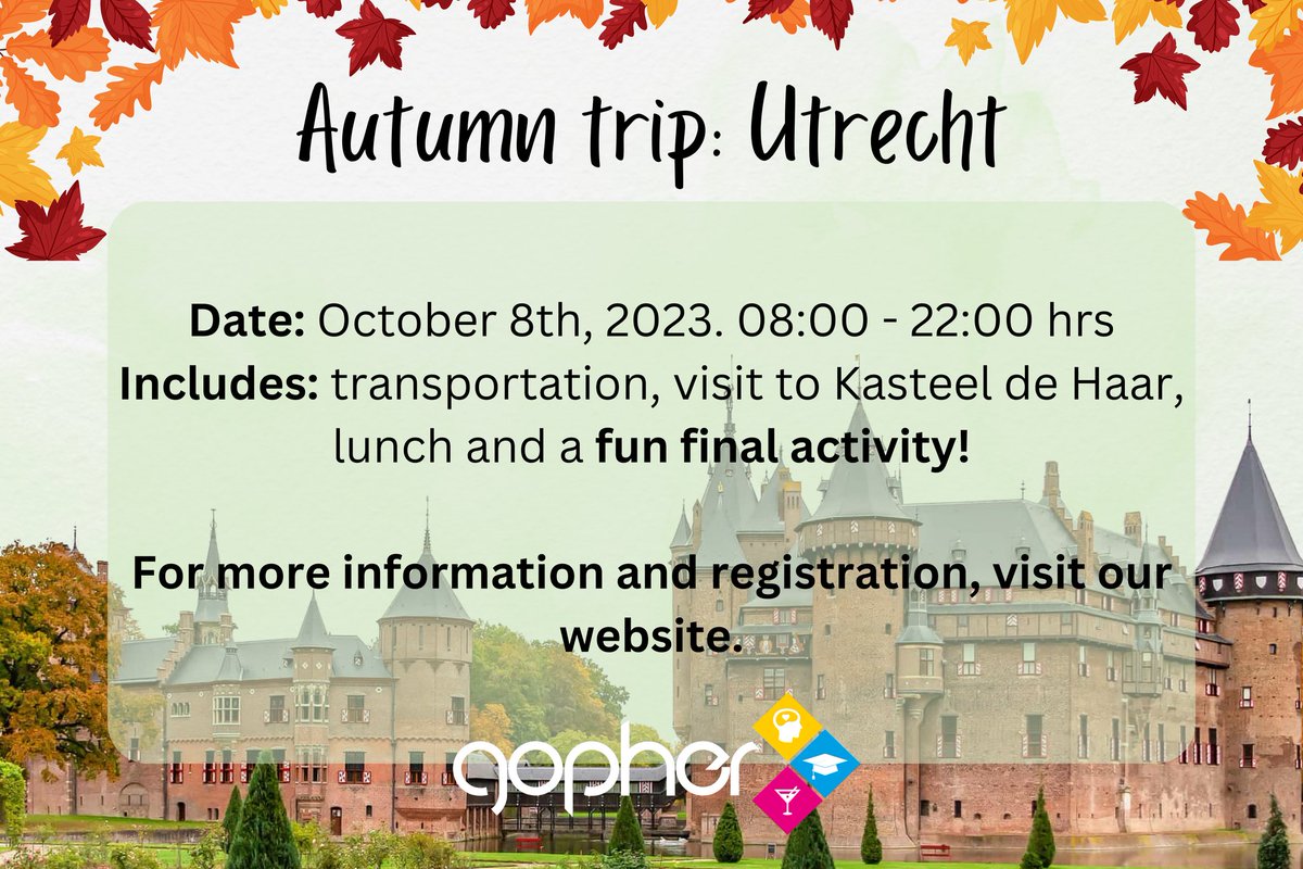 🏰 Utrecht Day Trip! 🏰

Join us for a magical day at Kasteel de Haar. We depart from Groningen at 8 am. Explore the enchanting castle, enjoy lunch (on us), and try CLIMB WALLS for adventure! Return to Groningen together. Register now! 😊 

#UtrechtAdventure #DayTrip