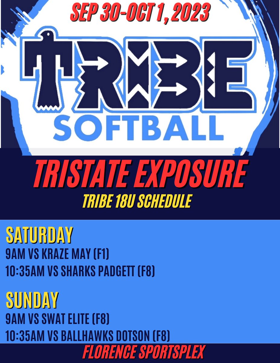 TribeSoftball1's tweet photo. Tribe 18u schedule this weekend in Florence, AL! https://t.co/KBmsAQxFsl