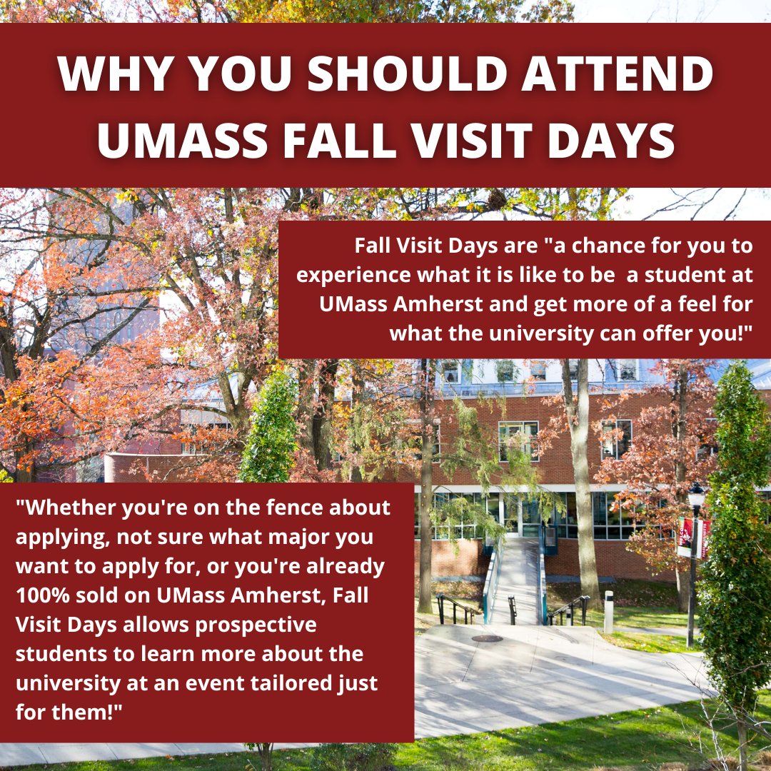 UMassAdmissions's tweet photo. Don't miss out on this opportunity to experience @UMassAmherst for yourself and join us for #UMassFallVisitDays!
π Reserve your spot today using the event link sent to your email
#umass #umassamherst #umassadmissions #fallvisitdays #umassevents https://t.co/gpsJIcvo2F