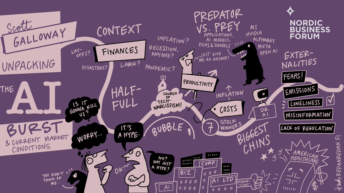 NBForumHQ's tweet photo. Key points told by  @profgalloway 
🔸AI won't take your job, someone who knows AI will
🔸Governments need to have regulations for AI
🔸The greatest threat of AI is loneliness

#nbforum2023 #ArtificialInteligence #Innovation https://t.co/LDPKqSM6kP