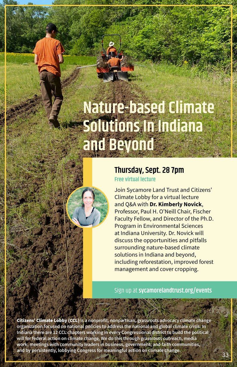 Happening tomorrow at 7 PM!
Sycamore Land Trust and Citizens' Climate Lobby is hosting Dr. Kimberly Novick to talk about nature-based climate solutions in Indiana and beyond!

Register here (it's free and virtual!)
sycamorelandtrust.org/events