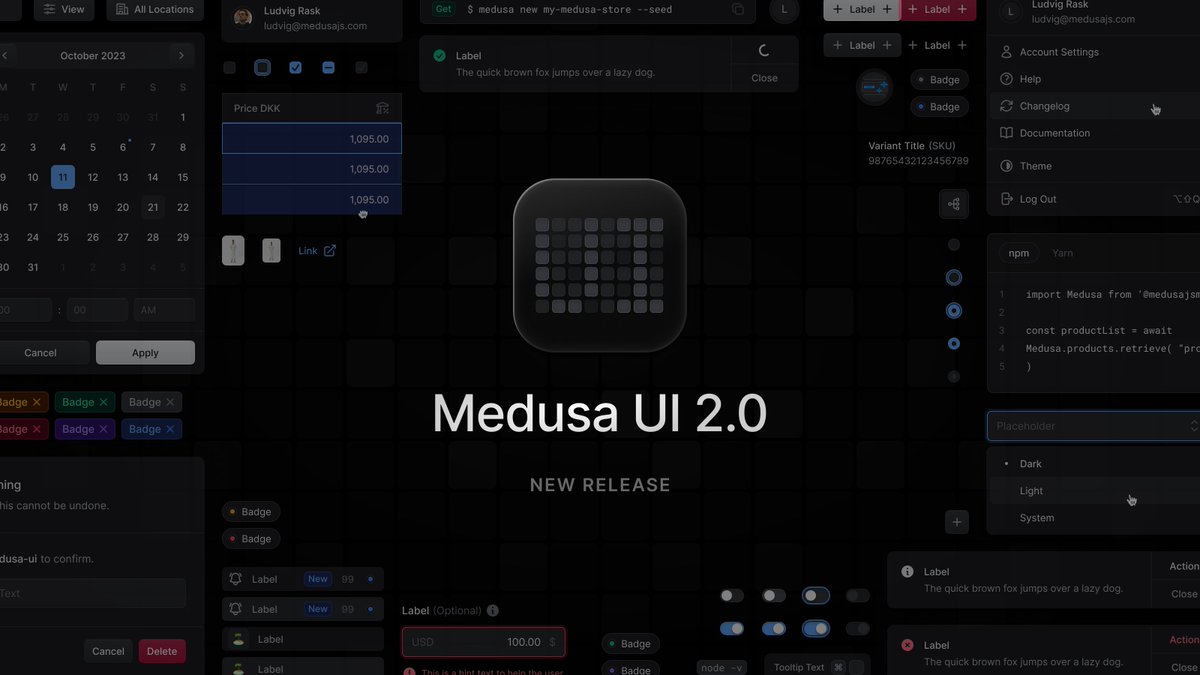 medusajs's tweet photo. Medusa UI 2.0 is out!

- New components, including CurrencyInput, Tabs, and CommandBar

- New icons, including @X, @Figma, and Photo

- Updated API of Button, Badge, and CodeBlock (breaking change)

Check out all changes in our documentation: https://t.co/U2LxnnMD1z https://t.co/gf68YGohSv