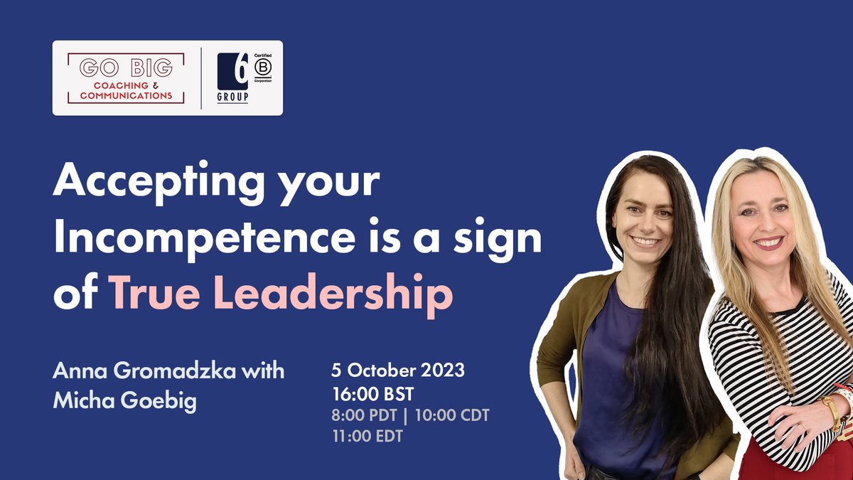 The6Group's tweet photo. Join us for an intriguing discussion with experts on embracing incompetence as a leadership trait:

Anna Gromadzka, Client Partner at 6 Group, Executive Search &amp; Leadership Consultancy. 
Micha Goebig, Founder &amp; CEO of GO BIG, Coaching &amp; Communications.

https://t.co/yMIEY7waXj https://t.co/2crseEkflU