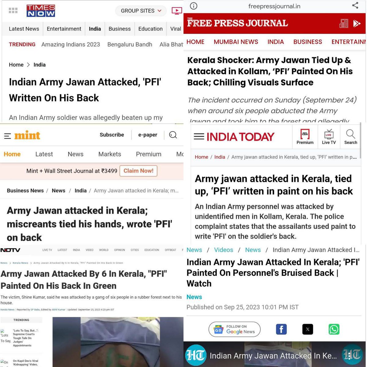 YogeshApoorva's tweet photo. Dear PFI supporter & Congress troll

On 25th Sept, Army Jawan Shine Kumar filed a police complaint that he was attacked by a group of 6 men in Kollam who wrote PFI on his back.

It’s obvious that anyone will support Army Jawan, not PFI. So Anshul Saxena also tweeted about it. Next day on 26 Sept, Police arrested Joshy, friend of Army Jawan and found that it was publicity stunt. So Anshul deleted his last tweet, and put a new tweet with the latest update. You are crying for what?