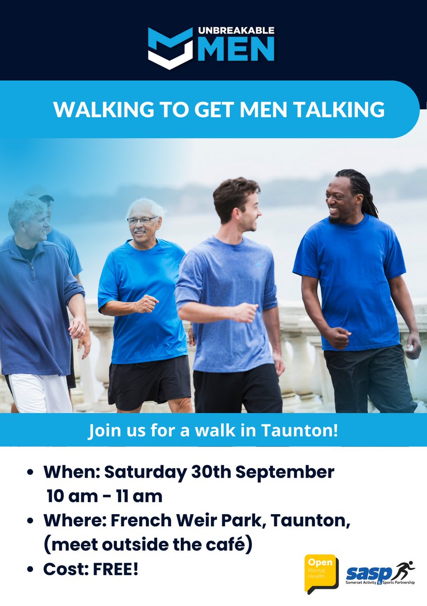 Taunton_TC's tweet photo. This Saturday (30 September) Somerset Activity and Sports Partnership are delivering an #UnbreakableMen walk, meeting outside The Weir, French Weir Park, from 10am. Find out more about the walk, app and other events on their website๐https://t.co/8DWG1jgfdC ๐ถโโ๏ธ๐ฌ๐ณ#ThisIsTaunton https://t.co/ySim6yc8F9