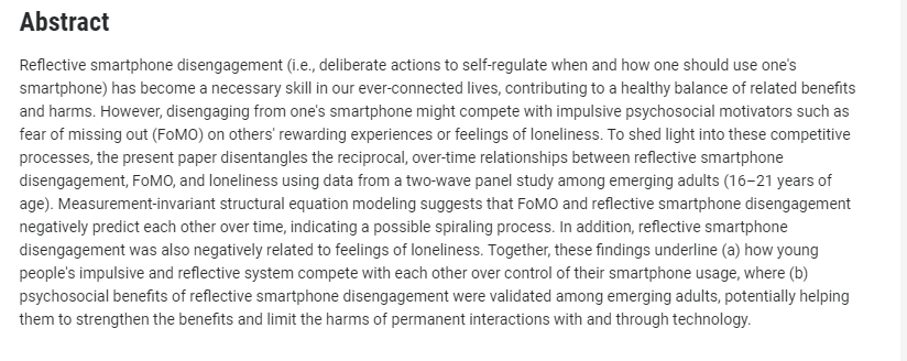 📢 New publication 📢

Findings from a 2-wave panel survey by Matthes et al. (incl @StevicAnja, @ElaForrai, & @KathrinKarsay) in @Cyberpsych_Jn on how reflective smartphone disengagement relates to young people’s #FOMO and loneliness feelings over time.

➡️doi.org/10.1089/cyber.…
