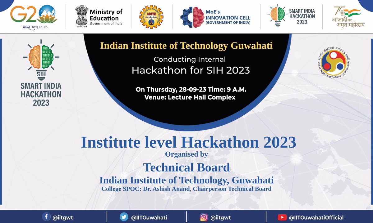 .<a href="/IITGuwahati/">IIT Guwahati</a> is proud to host an Internal Hackathon for Smart India Hackathon (SIH) 2023 on September 28th, starting at 9:00 am, in the Lecture Hall Complex.

#SIH2023 #Hackathon #Innovation #IITGuwahati #ProblemSolvers #TechBoardIITG

Read more:
facebook.com/10006475200428…