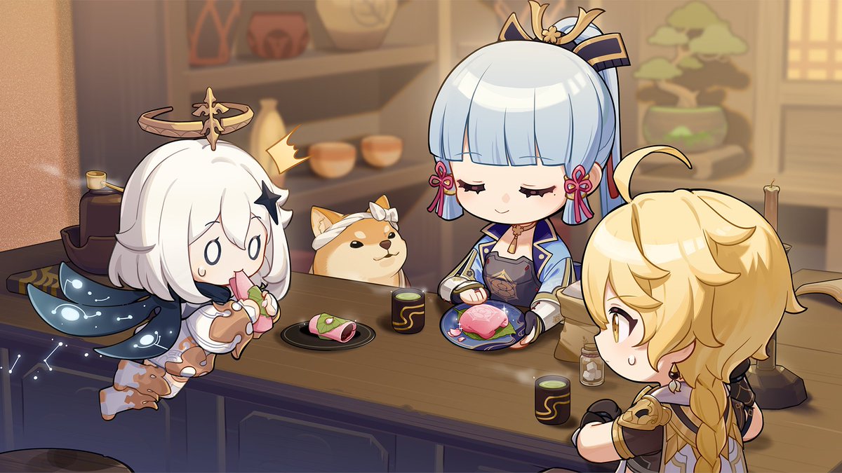 GenshinUpdate's tweet photo. #Lumine #Aether and #Paimon celebrating #Ayaka's birthday from web event "留影叙佳期" 
#神里綾華生誕祭2023 #GenshinImpact #原神 #원신  #Ayaka https://t.co/WXnSpyMyIl