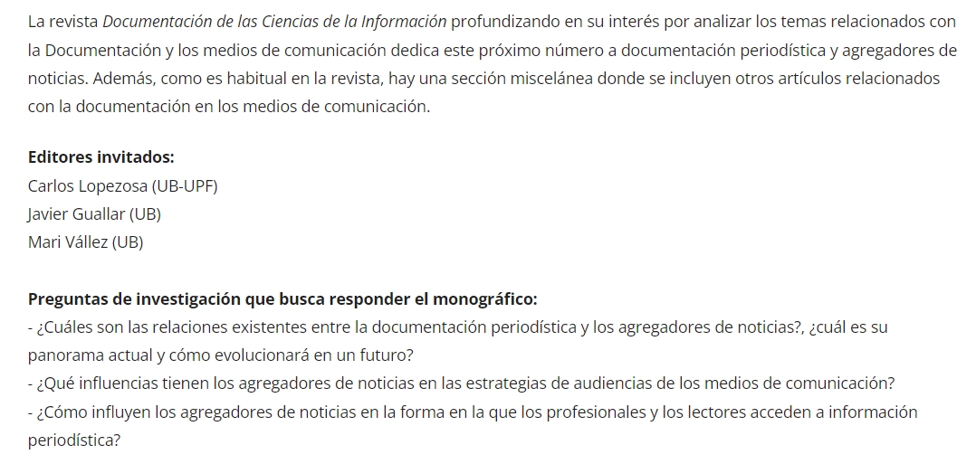 📢Call for papers hasta el 21 de octubre en <a href="/Revista_DCIN/">Documentación de las Ciencias de la Información</a> 

 ➡️Monográfico Documentación periodística y agregadores de noticias 

revistas.ucm.es/index.php/DCIN…