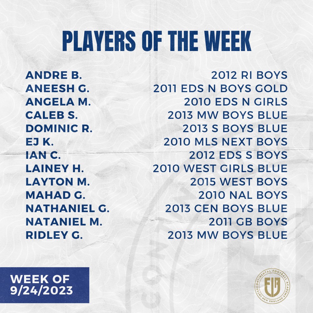 Congratulations to our Players of the Week! 🥳

Well done to all selected for their exceptional performances on the pitch this weekend! 💪

#ifanewengland #playersoftheweek #youthsoccer #boyssoccer #girlssoccer #newenglandsoccer #masssoccer #rhodeislandsoccer #westernmasssoccer