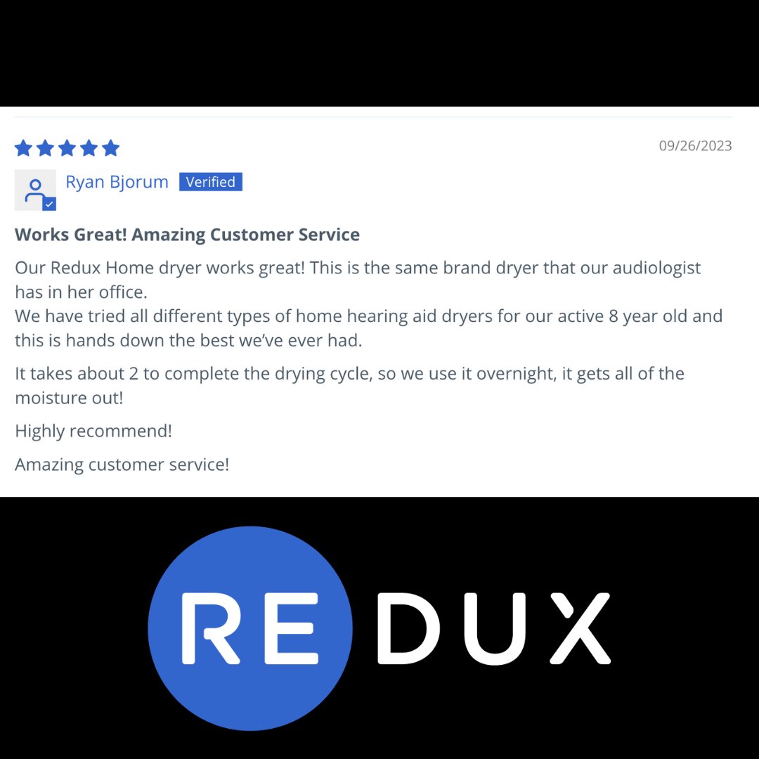 GetRedux's tweet photo. Delighted to share our first review – Redux Home turning a frown upside-down with a super efficient 2-hour drying cycle! With Redux, you're not just buying a product, you're joining a community committed to enhancing your hearing health. Join us today!  https://t.co/DCygOrxt94 https://t.co/31BD4RSbd1