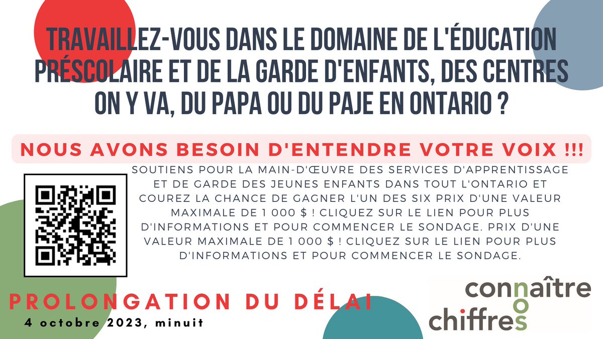 AtkinsonCentre's tweet photo. DEADLINE EXTENDED!
The deadline for the Ontario Early Years and Licensed Child Care Workforce is now Oct 4.  AND there is now an additional draw for another prize valuing $1,000! 

EN Survey : https://t.co/UnFgSNK0eE
FR Survey : https://t.co/30ytPgJrjP https://t.co/V6SCMpizRQ