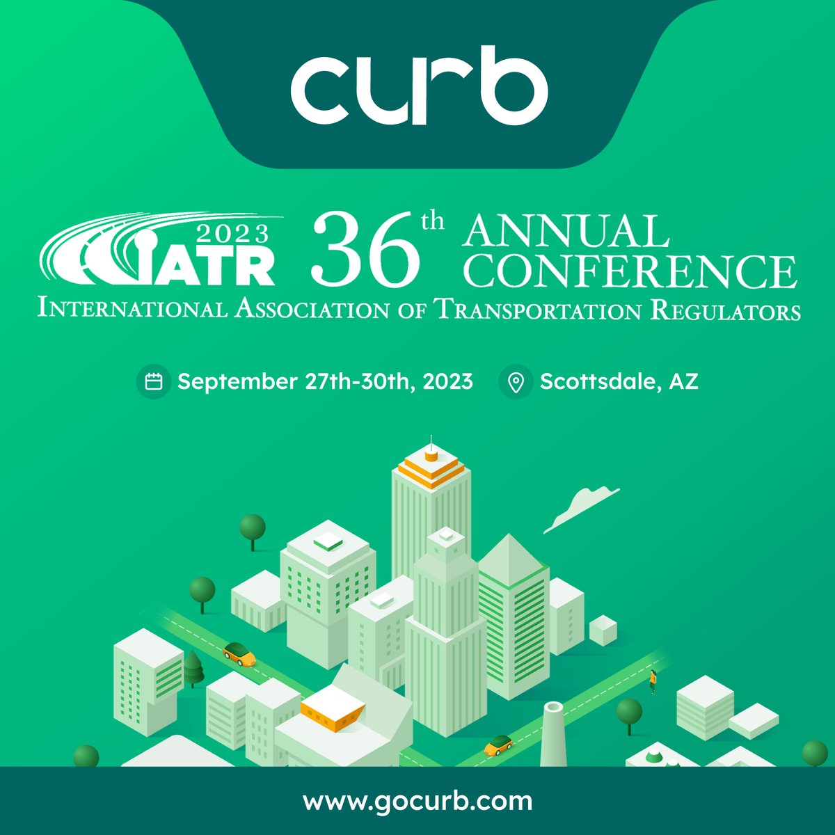 Excited to sponsor @iatrglobal's 36th Annual Conference again! 🚖 With 100K+ vehicles in 65+ cities, Curb keep cities moving, connecting supply & demand seamlessly for accessible #mobility. Join us for the 'Modernizing Regulations' panel on Sept 28, 2pm & visit our booth! #IATR