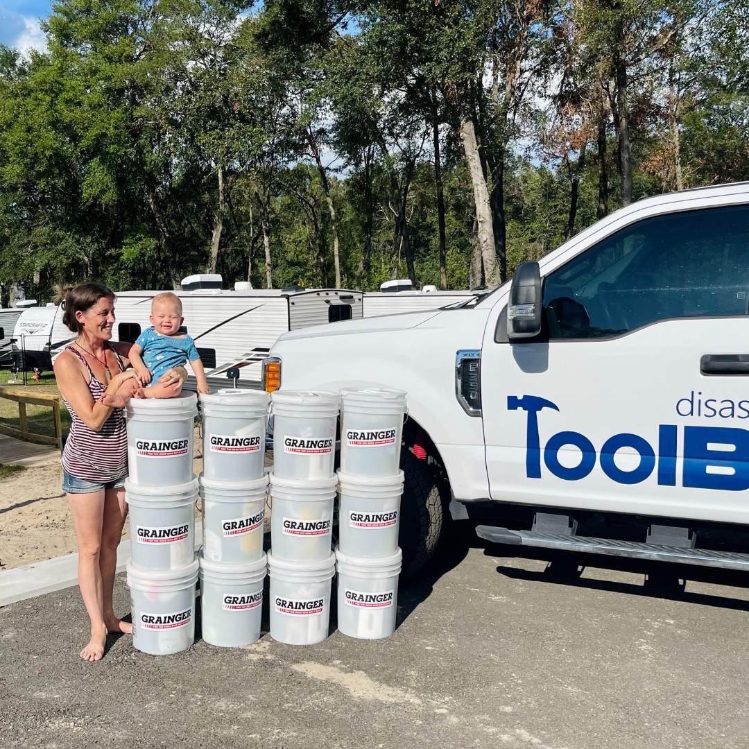 We love to see these smiling faces during our @Grainger disaster relief kit distribution! #TeamGrainger filled over 4K buckets with over $125 worth of supplies. These kits helped residents at a Live Oak, FL, shelter facility whose homes were damaged during Hurricane Idalia.
