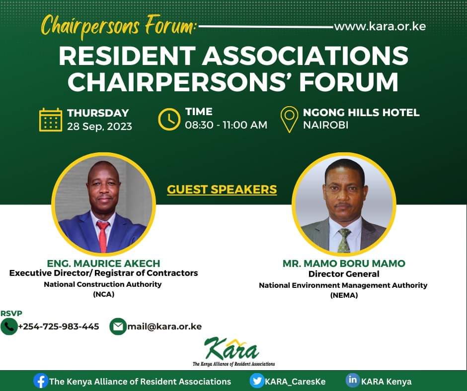 AmDanielMaithya's tweet photo. Join us this tomorrow Thursday at Ngong Hills Hotel, Nairobi, as @Kara_CaresKE hosts the Resident Associations Chairpersons' Forum. A platform for community leaders to unite, share insights, and foster collaboration. All Resident Association leaders are warmly invited! #KARAForum https://t.co/CWutWViNns