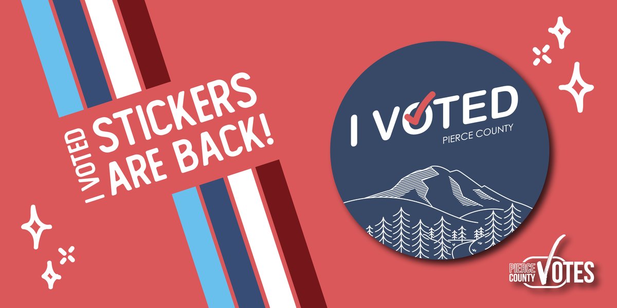 PierceCountyAud's tweet photo. The “I Voted” sticker is BACK and will be arriving in the mail with your ballot beginning October 20! Celebrate your civic pride! Take a selfie with your “I Voted” sticker, use the hashtag #piercecountyvotes, and tag us! We just may share your photo. https://t.co/6jhbQktRvA