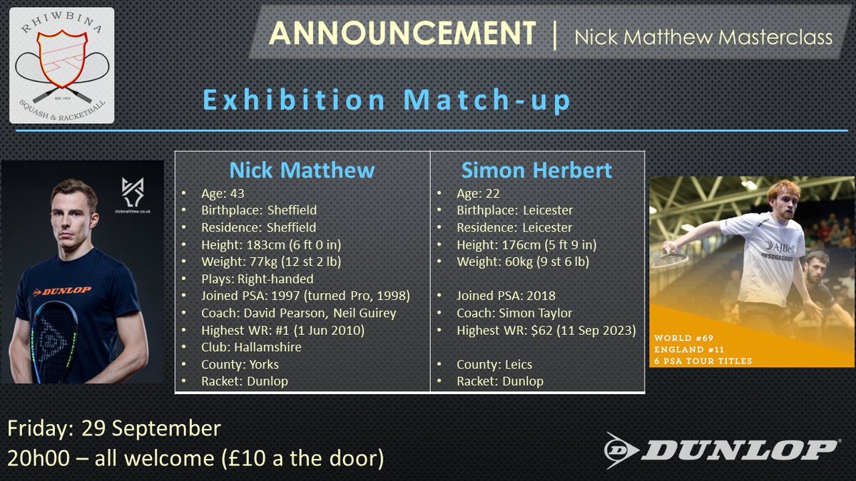 * MATCH-UP* 

Friday 29 September

• 20h00-21h00: Exhibition match
• >21h00: Q&amp;A with Nick

Details
• £10 entry for spectators
• Light Dinner on sale at Rec bar
• All evening: YC Sports, Dunlop equipment demo and sale

<a href="/nickmatthew/">Nick Matthew OBE</a> <a href="/DunlopSquash/">Dunlop Squash</a> <a href="/sqwales/">🏴󠁧󠁢󠁷󠁬󠁳󠁿 SQUASH WALES</a>