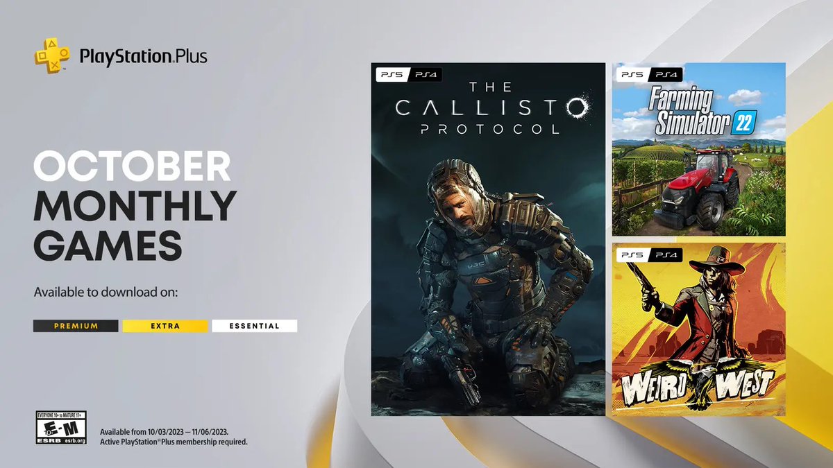 Lokakuun #PSPlus-kolmikon jokaisesta pelistä on sekä PS5- että PS4-versio. 

The Callisto Protocol
Farming Simulator 22
Weird West