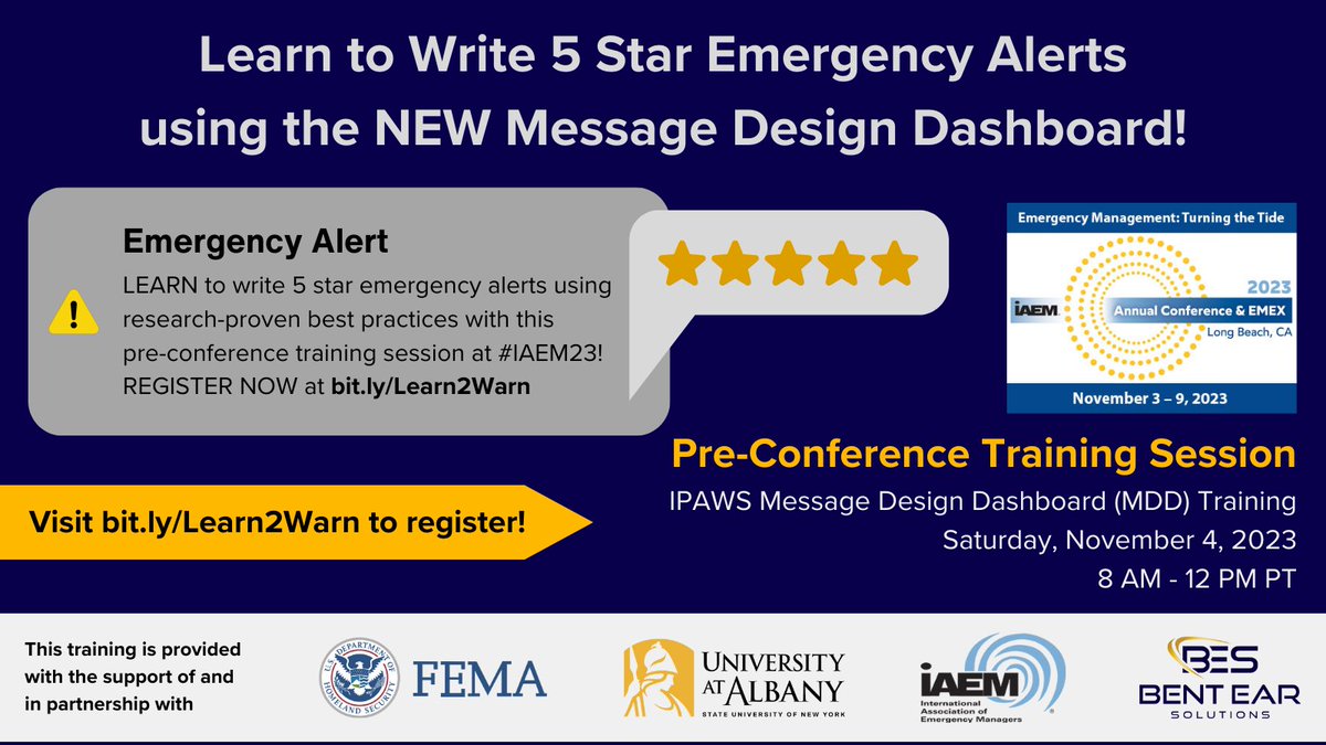 Bent Ear Solutions (@bes_llc) on Twitter photo Attending #IAEM23? Learn about the Message Design Dashboard developed by researchers <a href="/CTGUAlbany/">CTG UAlbany</a> to help emergency managers write more effective emergency alerts using research-proven best practices!
REGISTER NOW at bit.ly/Learn2Warn!
#EMGTwitter #WEATwitter #Learn2Warn Attending #IAEM23? Learn about the Message Design Dashboard developed by researchers <a href="/CTGUAlbany/">CTG UAlbany</a> to help emergency managers write more effective emergency alerts using research-proven best practices!
REGISTER NOW at bit.ly/Learn2Warn!
#EMGTwitter #WEATwitter #Learn2Warn