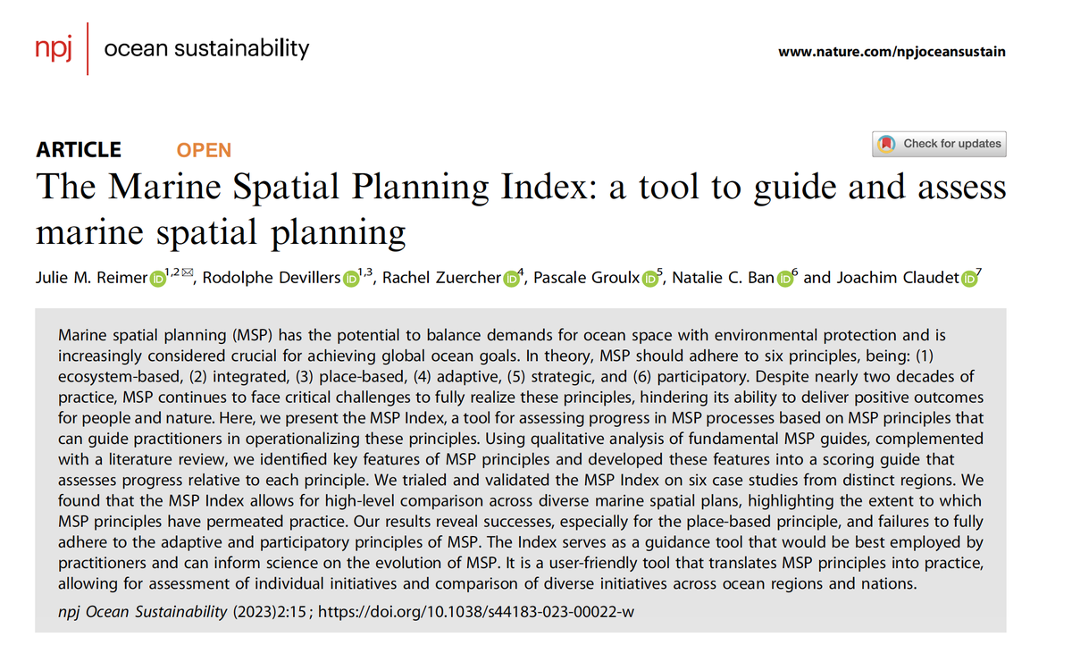 Paper alert!!! Some work we are super happy to see published. A new approach for scoring marine spatial plans (MSP) based on general guiding principles - OA paper on nature.com/articles/s4418…