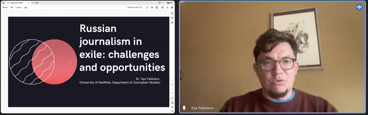 📢Our Journalism in Exile Event with @HybridCommPeace is happening now! @ilya_yablokov is our first speaker discussing Russian media in exile and the challenges media outlets are facing and how they are trying to continue reporting stories in exile