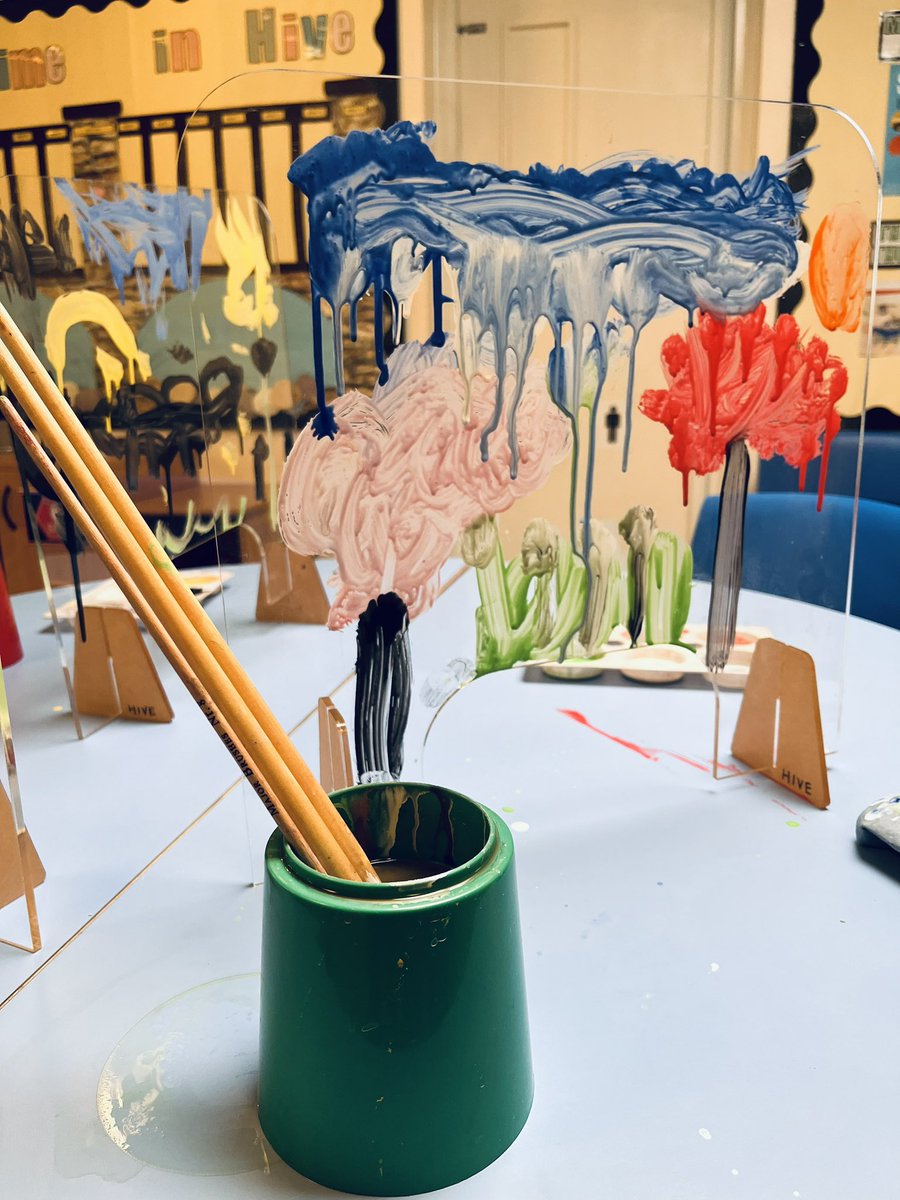 Repurposing old sneeze screens from covid days as painting screens. Here’s one of our children’s landscapes. <a href="/SummerswoodPS/">Summerswood School</a> <a href="/MrsParaskevaSPS/">Mrs Paraskeva</a> <a href="/SpsWheatcroft/">MrsWheatcroftSPS</a>