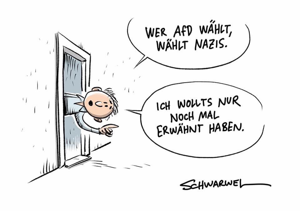 @IrmgardKatzork3 @Michael_Naether Muss man nicht sein, die Wahrscheinlichkeit ist aber hoch.

Wenn Dir das Bier in der Kneipe nicht schmeckt, säufst Du dann dort Wasser aus dem Klo?

Nein?

Warum wählst Du dann Nazis, nur weil Du mit der Regierung unzufrieden bist?