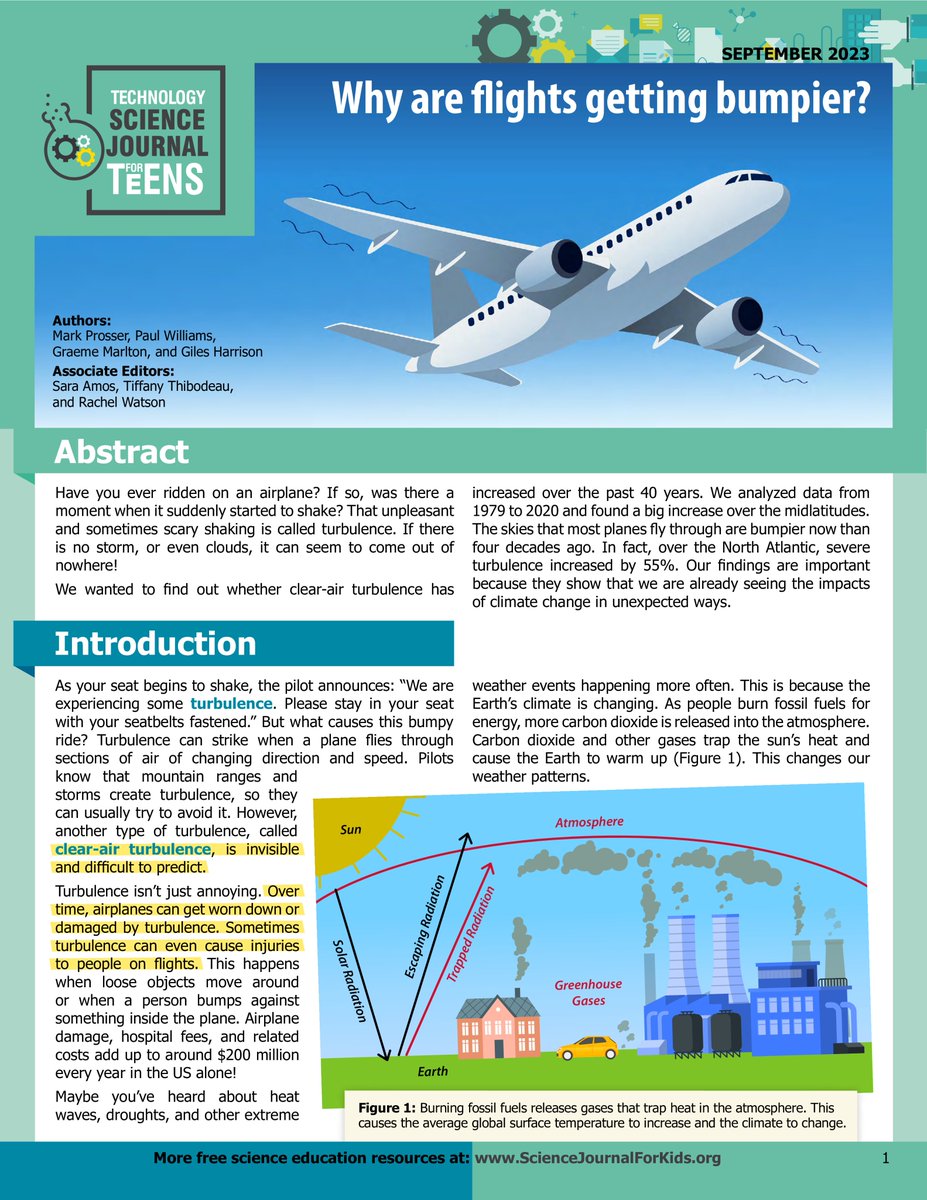 Our recent paper on increased turbulence from climate change has been adapted into a simplified article especially for kids! This is a great resource for teachers and it comes complete with teaching aids including a quiz to check students' understanding. sciencejournalforkids.org/articles/why-a…