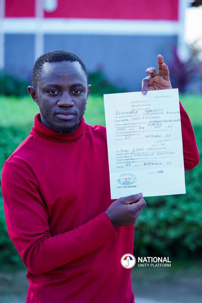 DavidLRubongoya's tweet photo. After 10 days of illegal, incommunicado detention following his abduction, comrade Bwambale Geoffrey aka Western Prince has been released on police bond. Our legal team was supposed to be at the High Court tomorrow morning applying for a Habeas Corpus order for his release. Shortly after the court documents were served on the Attorney General and CMI, Bwambale was this evening charged with "Subversive Activities" (a non existent charge) from Kireka and released. He tells us that he was severely beaten- but this time round, they focused the beatings below his feet so that they would leave no physical marks on the rest of his body. He was interrogated about his links with @HEBobiwine,  his role in NUP, what our plans are, among other things. He says he has left behind many other people who are undergoing torture and other forms of inhumane treatment- some having been in detention for several years. 

We welcome him back. Thankfully he is more committed than ever to continue fighting against these very evils.
#BringBackOurPeople