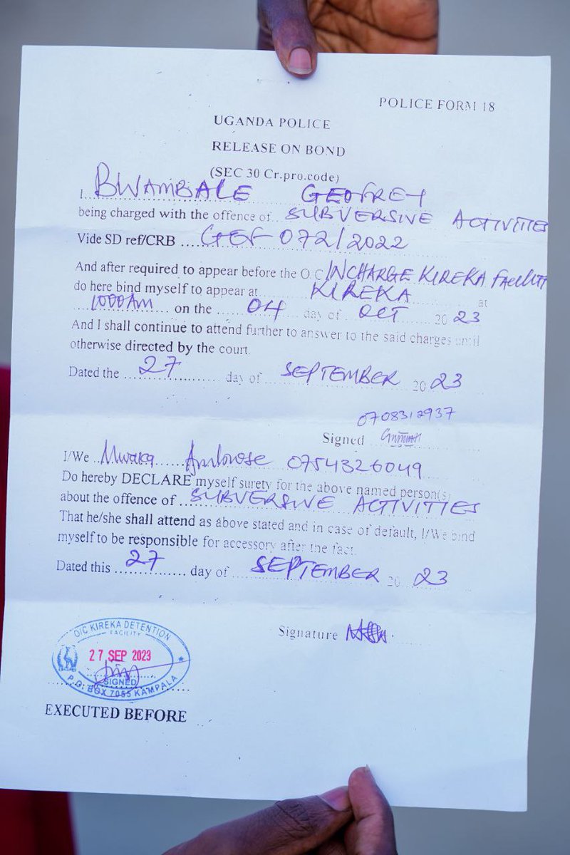 DavidLRubongoya's tweet photo. After 10 days of illegal, incommunicado detention following his abduction, comrade Bwambale Geoffrey aka Western Prince has been released on police bond. Our legal team was supposed to be at the High Court tomorrow morning applying for a Habeas Corpus order for his release. Shortly after the court documents were served on the Attorney General and CMI, Bwambale was this evening charged with "Subversive Activities" (a non existent charge) from Kireka and released. He tells us that he was severely beaten- but this time round, they focused the beatings below his feet so that they would leave no physical marks on the rest of his body. He was interrogated about his links with @HEBobiwine,  his role in NUP, what our plans are, among other things. He says he has left behind many other people who are undergoing torture and other forms of inhumane treatment- some having been in detention for several years. 

We welcome him back. Thankfully he is more committed than ever to continue fighting against these very evils.
#BringBackOurPeople