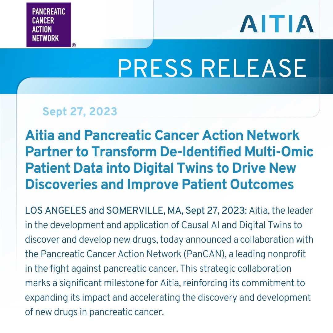 Aitia announced a collaboration with  @PanCAN. This collaboration is a pivotal milestone in Aitia's mission, one that envisions a transformative shift in the landscape of pancreatic cancer treatment. 
Read the Press Release here: aitiabio.com/aitia-and-panc…
#PancreaticCancer
