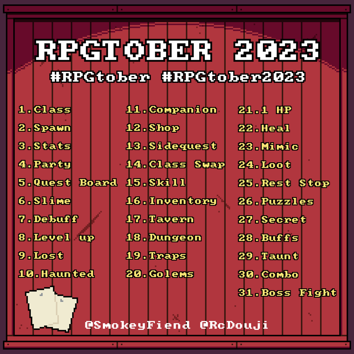 SmokeyFiend's tweet photo. Very excited to be participating in #Inktober this year with @RcDouji. We've decided to make our own RPG styled prompt list, feel free to follow along with us!

#RPGtober #RPGtober2023 https://t.co/vHwVJ0CIti