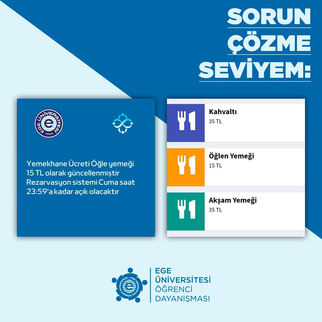 Ege Üniversitesi yemekhane zamlarına gelen tepkiler üzerine, yalnızca öğle yemeği fiyatı 20₺'den 15₺'ye indilirken kahvaltı ve akşam yemeği ise 20₺'den 35₺'ye çıkartıldı. 
Sözde indirimlerle ilgilenmiyoruz. Tüm öğünlere yapılan zamlar derhal geri çekilsin! #egereddediyor