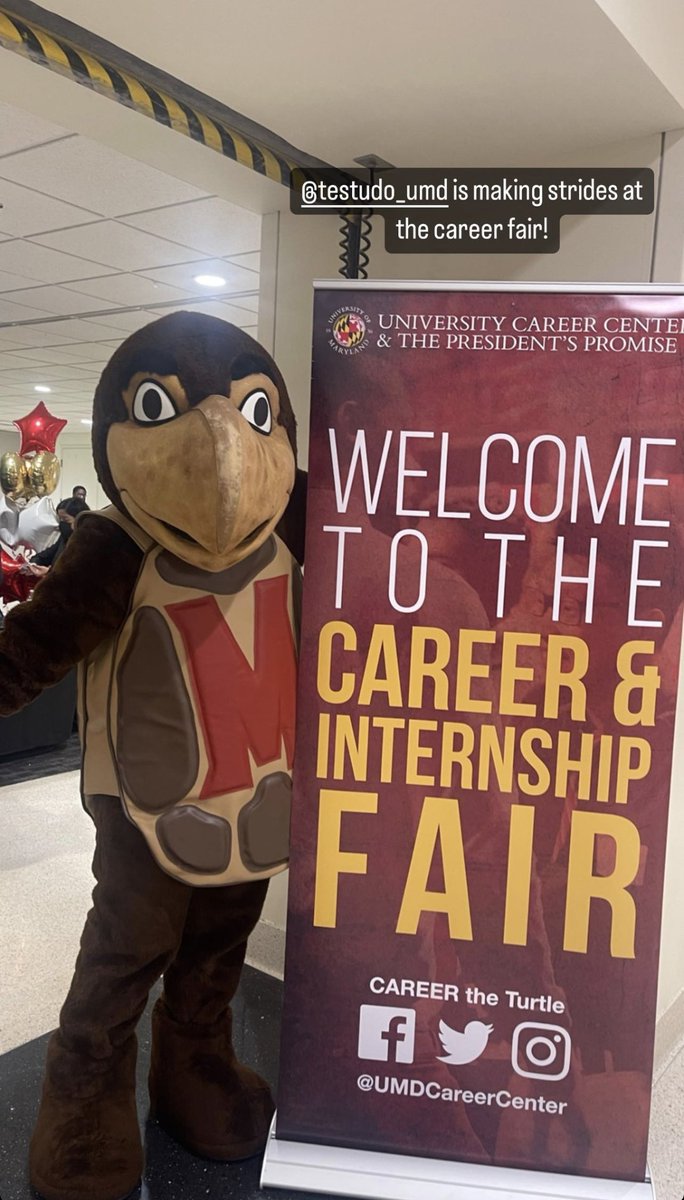 UMDCareerCenter's tweet photo. Thanks @Testudo_UMD for coming to our 2023 Fall Career &amp; Internship Fair! The Terps loved reviewing resumes and snapping photos with you! 
You are Turtley 🐢 awesome 😎! #UMD https://t.co/0VSlQDqMAc