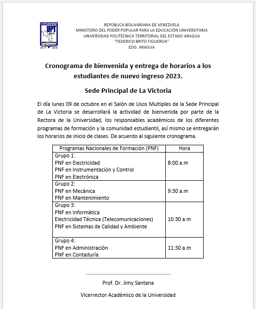UPTAragua's tweet photo. Cronograma de bienvenida y entrega de horarios a los estudiantes de nuevo ingreso 2023, asignados por el Sistema Nacional de Ingreso Universitario @opsuVzla @mppeduniv https://t.co/JLpdsQjqTw