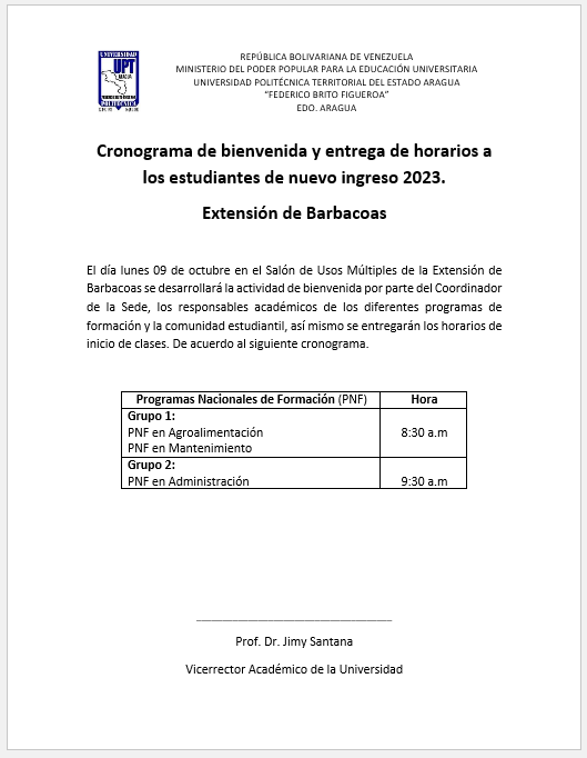 UPTAragua's tweet photo. Cronograma de bienvenida y entrega de horarios a los estudiantes de nuevo ingreso 2023, asignados por el Sistema Nacional de Ingreso Universitario @opsuVzla @mppeduniv https://t.co/JLpdsQjqTw