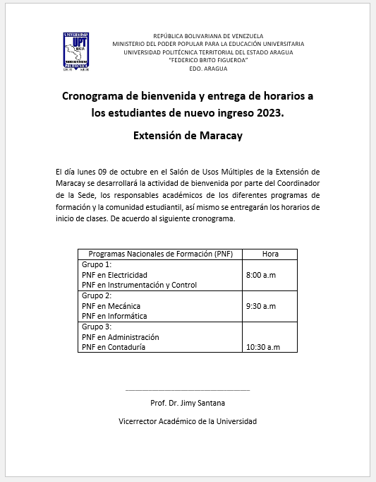 UPTAragua's tweet photo. Cronograma de bienvenida y entrega de horarios a los estudiantes de nuevo ingreso 2023, asignados por el Sistema Nacional de Ingreso Universitario @opsuVzla @mppeduniv https://t.co/JLpdsQjqTw