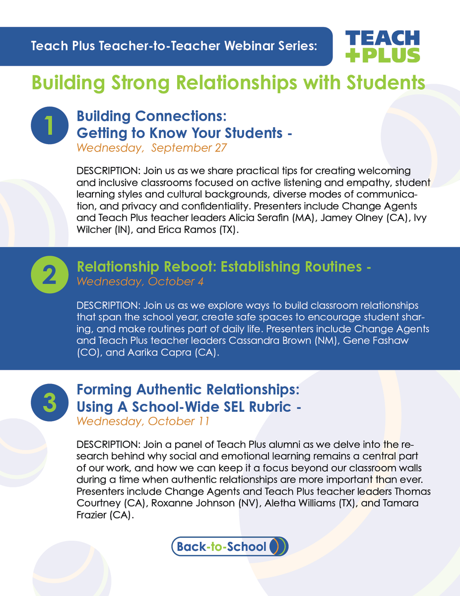 teachplus's tweet photo. Join us tonight, Wednesday 9/27, for the first of three webinars. Teachers will share practical tips for creating welcoming and inclusive classrooms focused on active listening and empathy, student learning styles and cultural backgrounds, and more!
https://t.co/vnLJJcBIB9 https://t.co/ufNH270XhL
